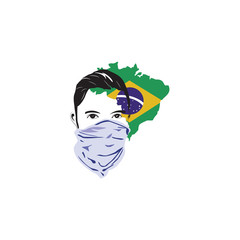 Illustration of man with protection mask and Brazilian flag symbol background.