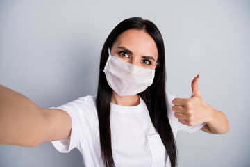 Close up photo positive corona virus quarantine girl make selfie blogging approve self isolation...