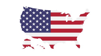 USA  map with flag texture on  white background, illustration,textured , Symbols of USA ,for advertising ,promote, TV commercial, ads, web design, magazine, news paper, report