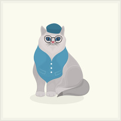 Vector cat in glasses and blue vest on light background