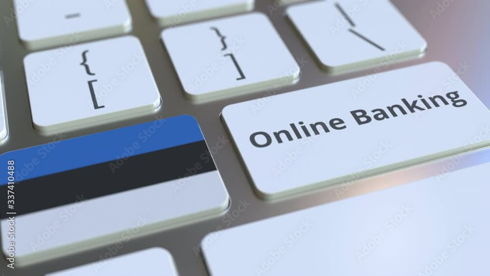 Poster online banking text and flag of estonia on the keyboard. internet finance related conceptual 3d anim