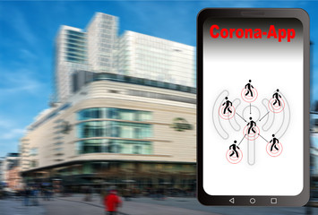 Mobile phone virus detection app, Corona App with blurred city background