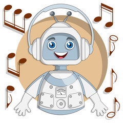 Musical robot in headphones. Isolated on white background. Vector illustration.
