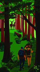 Young woman and man couple hiking in forest with backpacks. Journey in jungle.