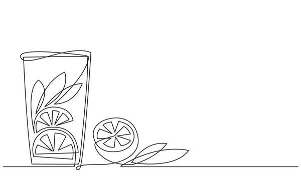 Lemonade Glass of water with lemon and mint. A refreshing citrus drink. Detox. Diet food. Continuous line drawing. Vector sketch