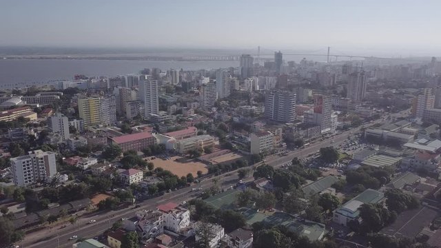 Aerial view of Maputo downtown with highrises, bay and Golden Bridge, the capital city of Mozambique