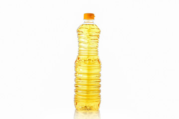 Plastic bottle with oil on a white background isolated