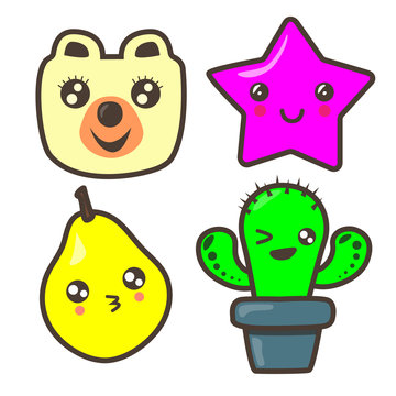 Set of funny pictures: bear, asterisk, pear, cactus. Kawaii illustration.