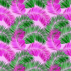 Pink and green palm leaves. Watercolor seamless pattern. Design for wallpaper, textile, fabric, packaging, paper.