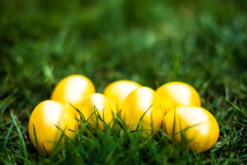 Golden color Easter eggs on the green grass. Side view. Easter 2020