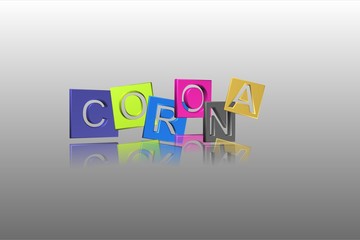 3d rendered colorful corona square letters on the gray background with reflection