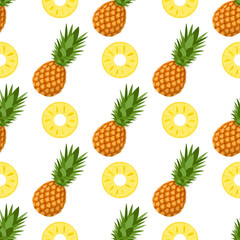 Seamless pattern with fresh whole and cut slices pineapple fruit with leaves on white background. Summer fruits for healthy lifestyle. Organic fruit. Cartoon style. Vector illustration for any design.