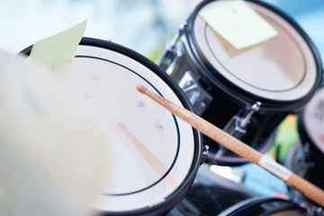 drum stick in action in hit drum with copy space