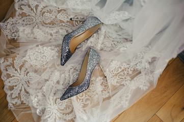 beautiful stylish gray high-heeled shoes from a famous brand are standing in a white laced veil
