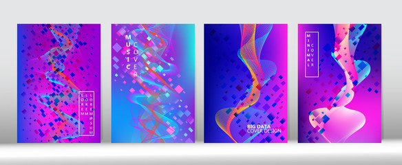 3D Flow Shapes Music Cover Layout. Blue Purple Pink Digital Vector Cover Design. 