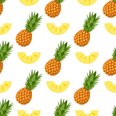 Seamless pattern with fresh whole and cut slices pineapple fruit with leaves on white background. Summer fruits for healthy lifestyle. Organic fruit. Cartoon style. Vector illustration for any design.