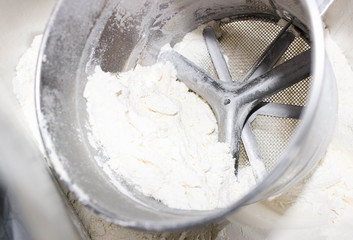 Circle flour sieve is a closeup of the large pot to store the flour.
