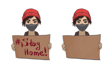 demonstration,  Asian Girl Young Woman, a call face mask, quarantine, self isolation, virus, tagline, line art, be healthy, covid-19, person in protective mask, transparency, picket, rally, strik, act