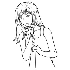 vector illustration girl singer hold microphone, line art