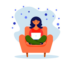 Girl with laptop sitting on the chair. Concept illustration for freelancing, studying, online education,online shopping, working from home. Vector illustration in flat cartoon style.