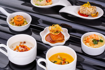 Fish and meat canapés for visiting catering, for holidays and ceremonies, for restaurant, menu