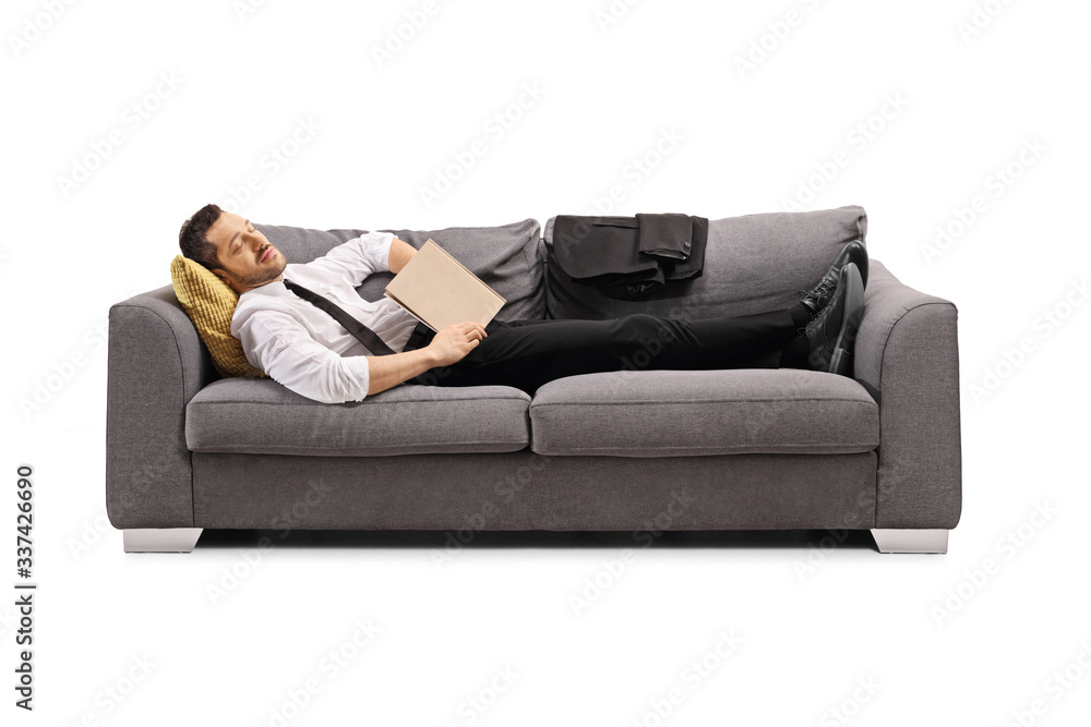 Wall mural businessman sleeping on a sofa with a book