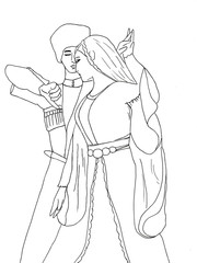 Dzhigit and goryanka on an isolated white background. East Dance. coloring.