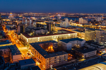 Night Voronezh downtown skyline, aerial view from rooftop