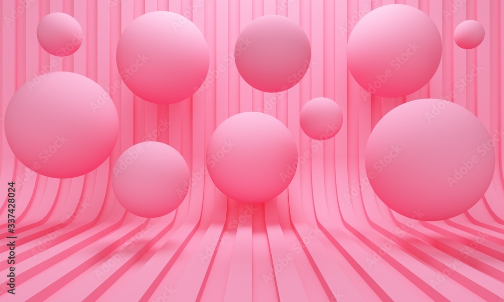 Poster abstract background with volumetric pink line and flying balls. 3d rendering