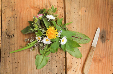 Wildkräutersalat Wildkräuter Wild Kräuter Salat Tisch Brett overhead © eflstudioart