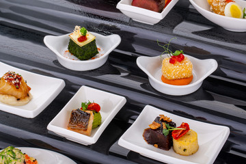 Fish and meat canapés for visiting catering, for holidays and ceremonies, for restaurant, menu
