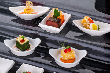 Fish and meat canapés for visiting catering, for holidays and ceremonies, for restaurant, menu
