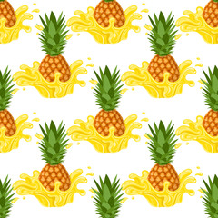Seamless pattern with fresh pineapple yellow juice splash burst isolated on white background. Summer fruit juice. Vector illustration for any design.