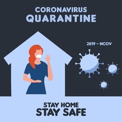 Naklejka premium helter in place. pandemic of coronavirus and social distancing. staying at home with self quarantine to stop outbreak and protect virus spread, woman wearing a mask, stay at home.