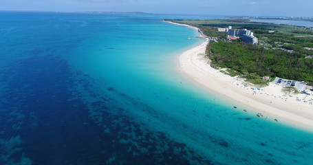 Aerial shot of maehama beach, miyako island, okinawa, Japan