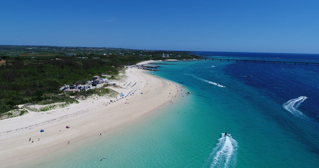 Aerial shot of Irabu bridge and maehama beach, miyako island, okinawa, Japan