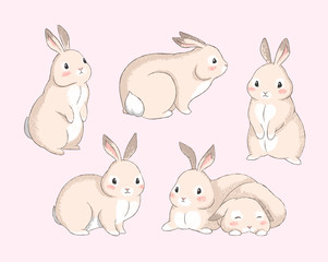 Pastel-style set of illustrations with cute bunnies. Vector illustrations set of five rabbits. - 337431220