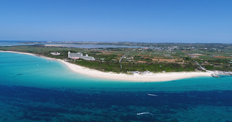 Aerial shot of maehama beach, miyako island, okinawa, Japan