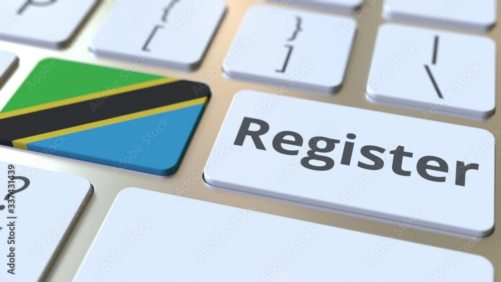 Poster register text and flag of tanzania on the keyboard. online services related 3d animation