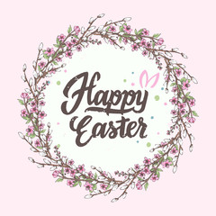 Happy Easter inscription with Spring cherry and willow branches. Lettering inscription on the circle background with blossom branches. - 337431470