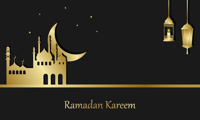 Ramadan Kareem greeting card or invitations with golden color. traditional lanterns and the moon. Vector illustration for greeting cards, posters and banners.