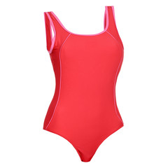 Red women's one-piece swimsuit isolated on white background