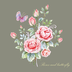 Illustration drawn by paints on paper a bouquet of roses and a butterfly.