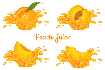Fresh peach juice splash burst isolated on white background. Summer fruit juice. Cartoon style. Vector illustration for any design.