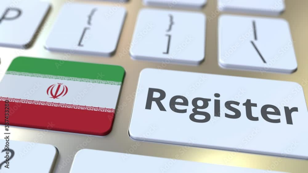 Poster register text and flag of iran on the keyboard. online services related 3d animation