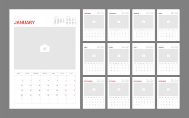Wall calendar template for 2021 year. Planner diary in a minimalist style with Place for Photo. Week Starts on Monday. Monthly calendar ready for print. - obrazy, fototapety, plakaty