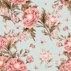 Gordijnen Seamless watercolor pattern with roses and butterflies © Irina Chekmareva