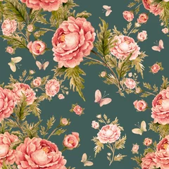 Gardinen  Seamless watercolor pattern with roses and butterflies © Irina Chekmareva