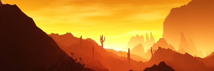 Canyon at sunset, desert sun with cacti and rocks, 3D rendering © ustas