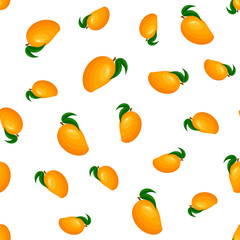 Seamless pattern with fresh bright exotic whole mango isolated on white background. Summer fruits for healthy lifestyle. Organic fruit. Cartoon style. Vector illustration for any design.
